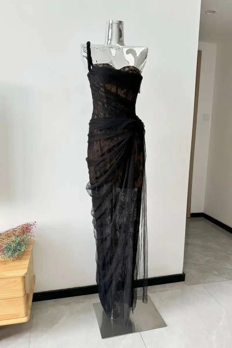 DEAT Women's Single Shoulder Spliced Lace Slit Long Dress 2025 Summer Solid Color Zipper Sleeveless Split Elegant Dresses 15C455 - She Vibess By C2P