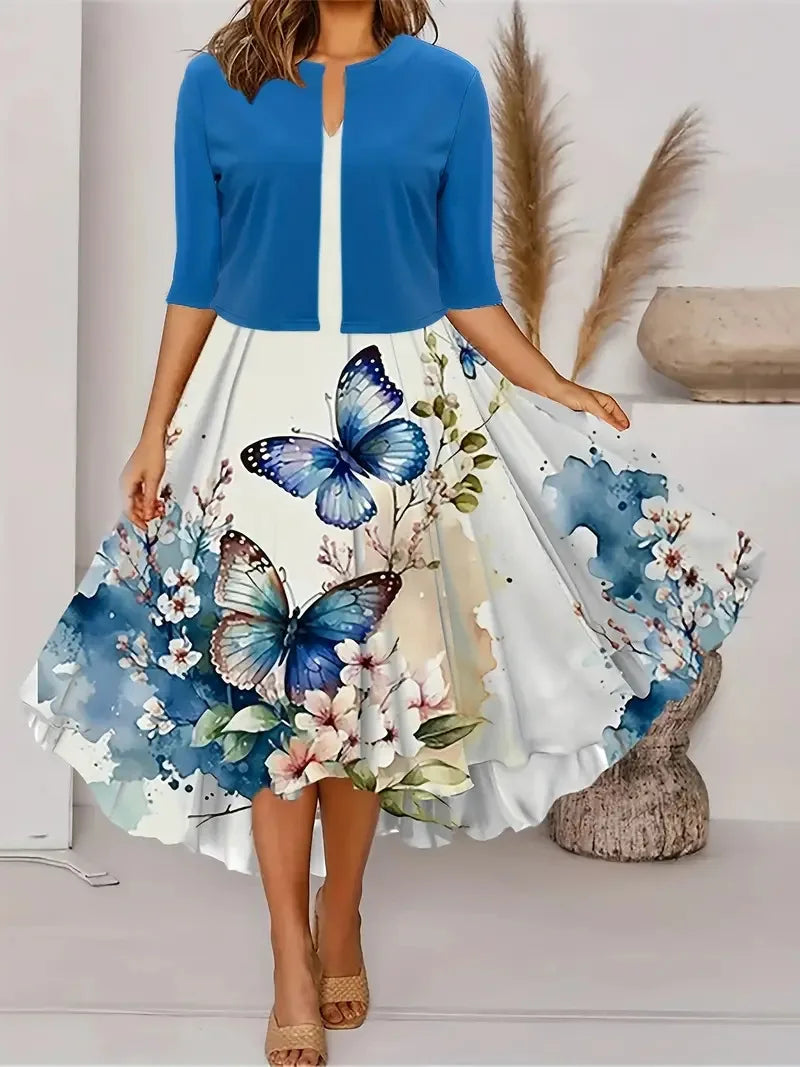 2024 Europe and the United States autumn new women's long dress two-piece set of floral print round neck dress coat women - She Vibess By C2P