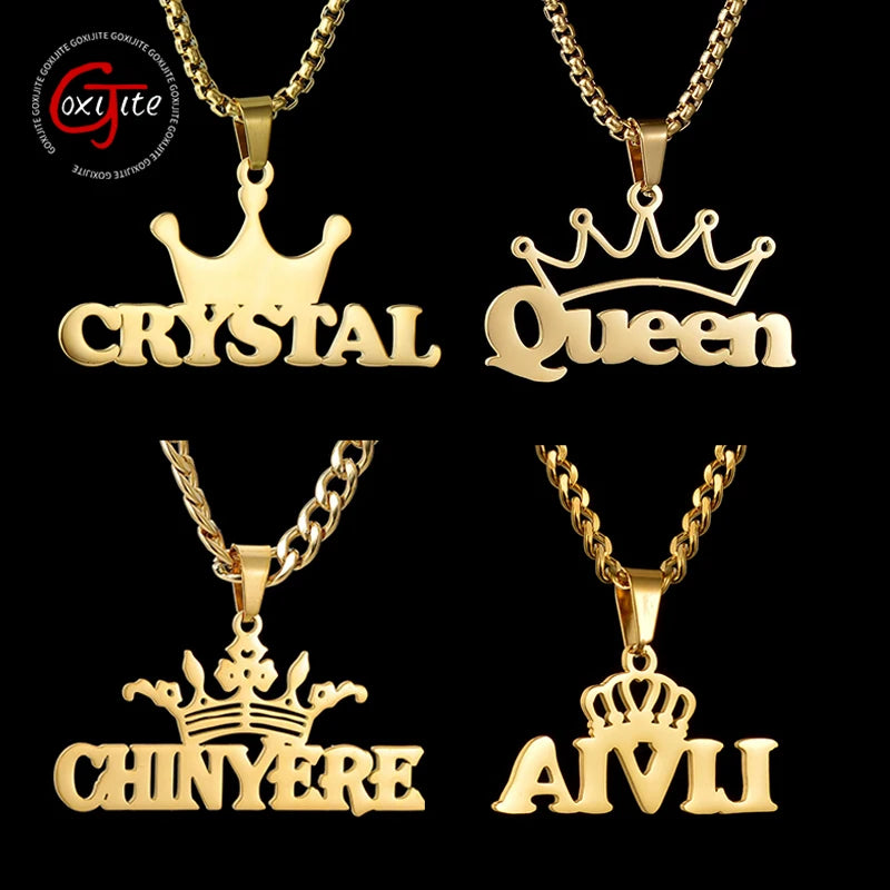 Goxijite Customized Name Pendant For Men Women Stainless Steel Personalized Big Crown Letter Necklace Thick Chain Jewelry Gift - She Vibess By C2P