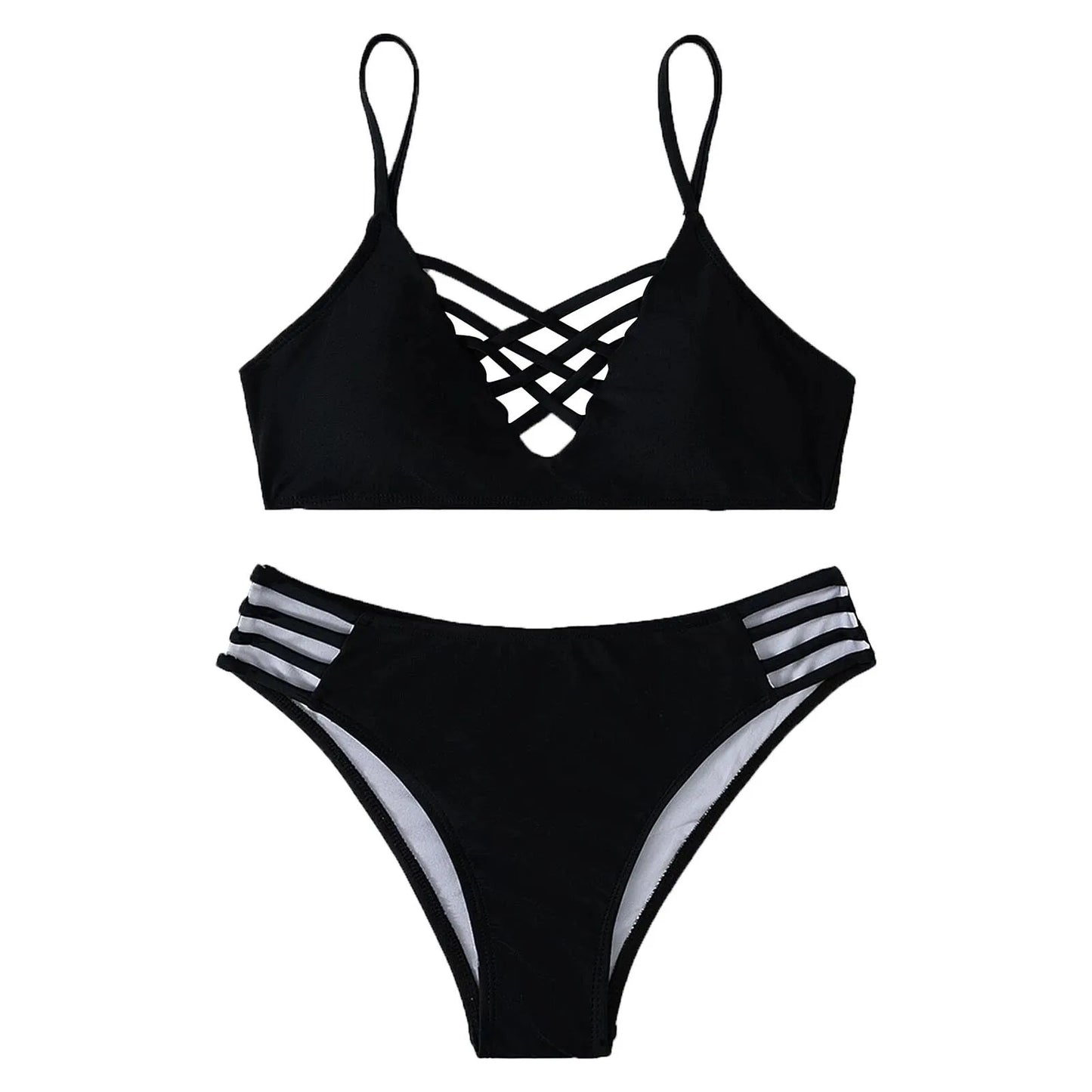 Swimsuits for Ladies Solid Color Hollow Up Swimsuit Women's Beach Temperament Tight Sexy Split Ladies Swimsuits with Shorts - She Vibess By C2P