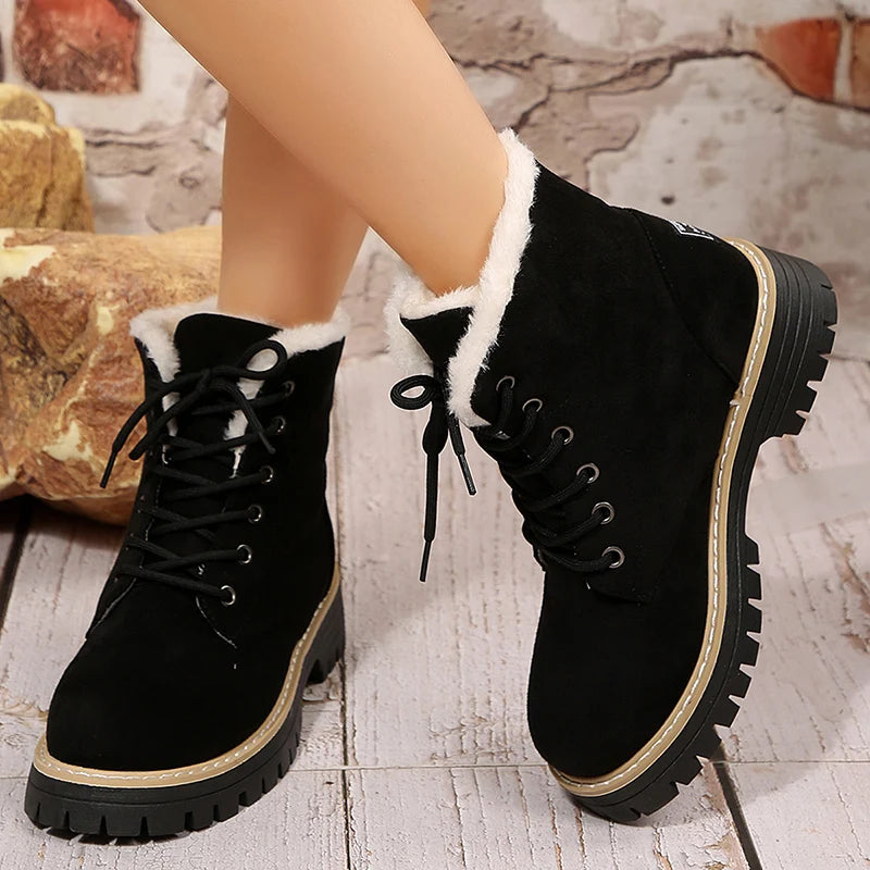 Autumn Winter Warm Plush Ankle Boots Women Plus Size 36-43 Faux Suede Platform Boots Woman Non Slip Lace Up Short Booties Mujer