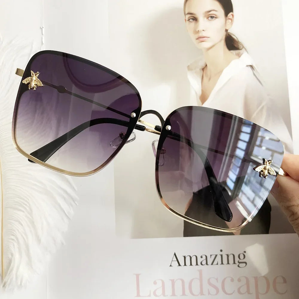 2024 New Fashion Lady Oversized Rimless Square Bee Sunglasses Women Men Small Glasses Gradient Sun Glasses Female UV400 - She Vibess By C2P