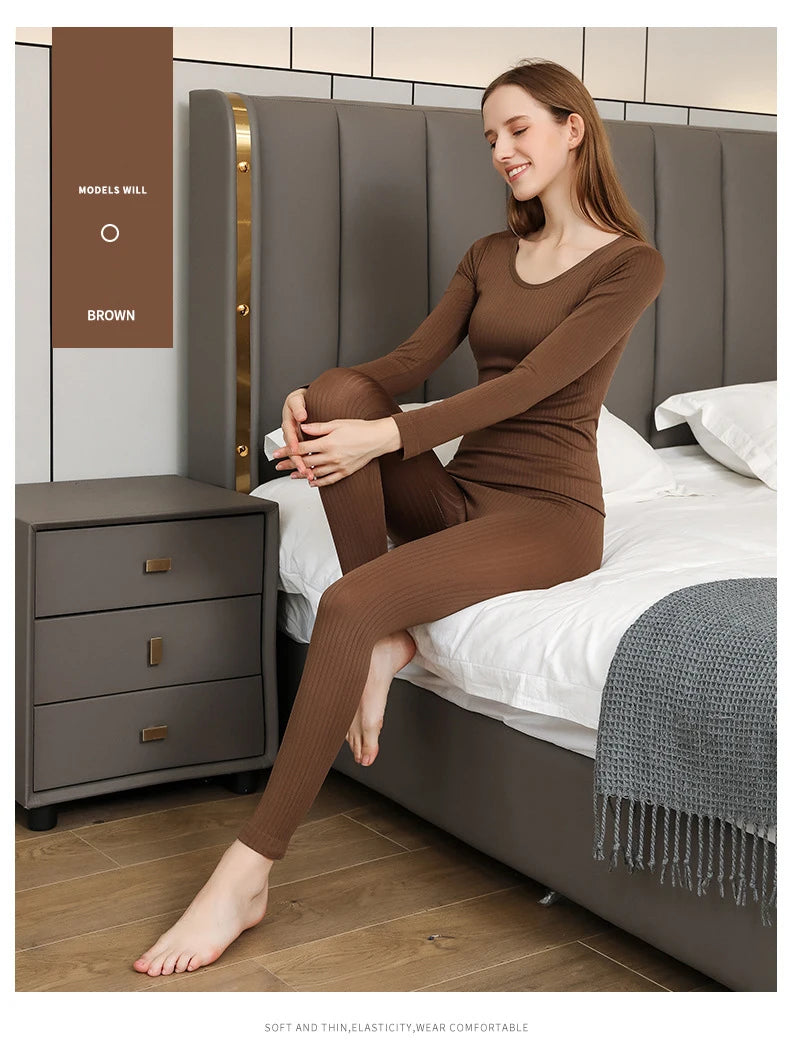 1 Set Warm Thermal Underwear Sexy Ladies Intimates Long Johns Women Shaped Sets Female Middle Collar Thermal Shaping Clothes - She Vibess By C2P