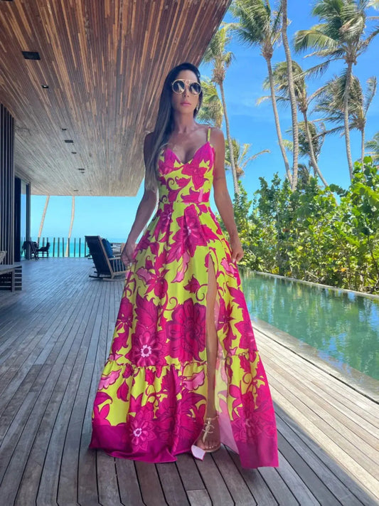 Summer Print Long Dress Women Clothing Lace Up Sling Party Dresses Pattern Strappy Ladies Hollow Out V-Neck Beach Vestidos - She Vibess By C2P
