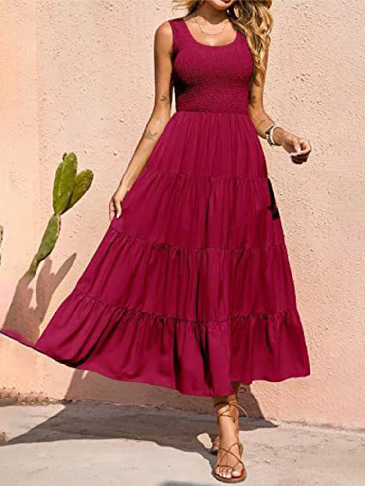 Dresses For Women 2024 Summer Sexy Elegant Sleeveless Floral Solid Color Long Dress Fashion Elastic Waist Beach Party Big Swing - She Vibess By C2P
