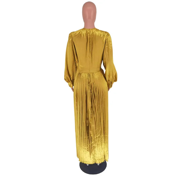 2024 Spring Pleated Loose Fit Maxi Dresses Women Solid Ruched Lantern Sleeve Party Evening Wedding Long Dress Women - She Vibess By C2P