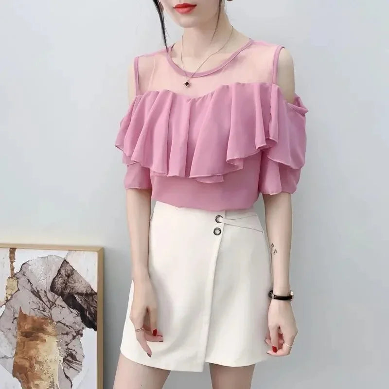 Off Shoulder Sexy Chiffon Blouses Women 2025 Summer Korean Fashion Clothes Ruffles Slim Sweet Ladies Casual Lace Tops Shirts Y2k