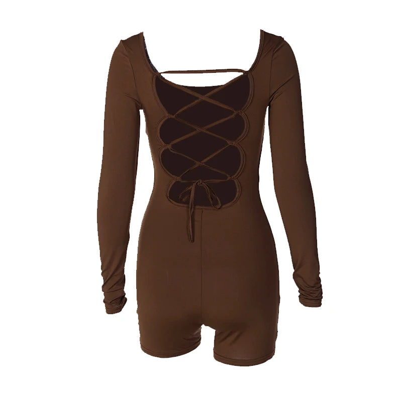 2025 Summer New Sexy Long-Sleeved U-Neck Tethered Straps Backless Butt-Lifting Yoga Jumpsuit Tight Women's Jumpsuit