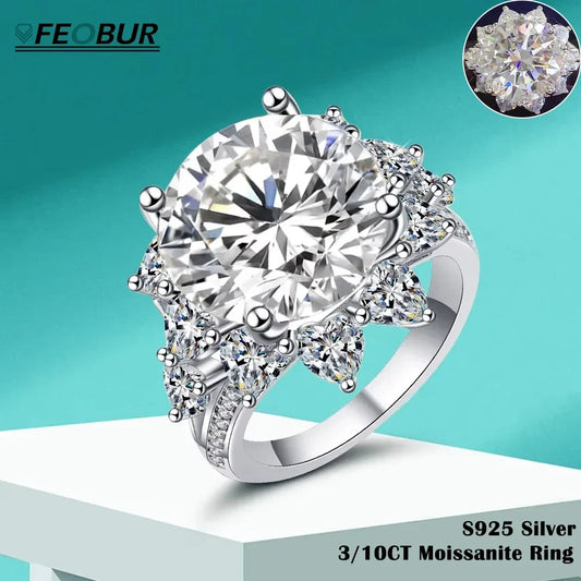 FEOBUR 10CT Moissanite Ring with Certificate for Women 100% 925 Sterling Silver Sunflower Diamond Rings Engagement Jewelry Wedding Band - She Vibess By C2P