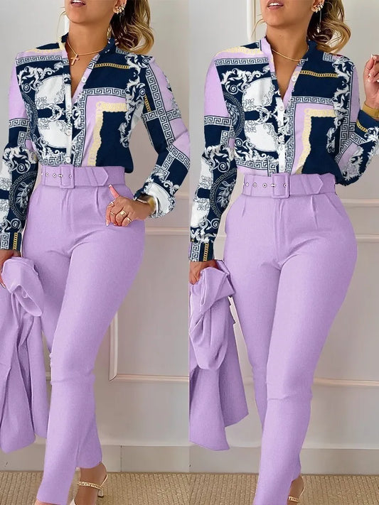 Autumn Winter Stand Neck Floral Print Long Sleeve Shirt Pants Two Piece Sets Elegant Women Casual Shirt Trousers Suits With Belt - She Vibess By C2P