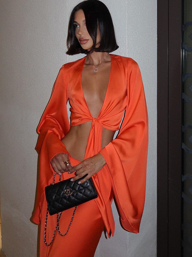 Setelan Wanita Fashion Streetwear Polos Lengan Flare Leher V Dalam (Atasan + Rok Panjang) 2 Potongan Serasi untuk Wanita