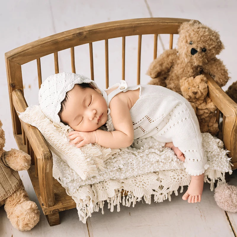 Baby Photography Knitted Clothing Cute Bear Dolls Baby Tassel Pillow Blanket Photo Props Newborn Photo Jumpsuit + Hat Costume - She Vibess By C2P