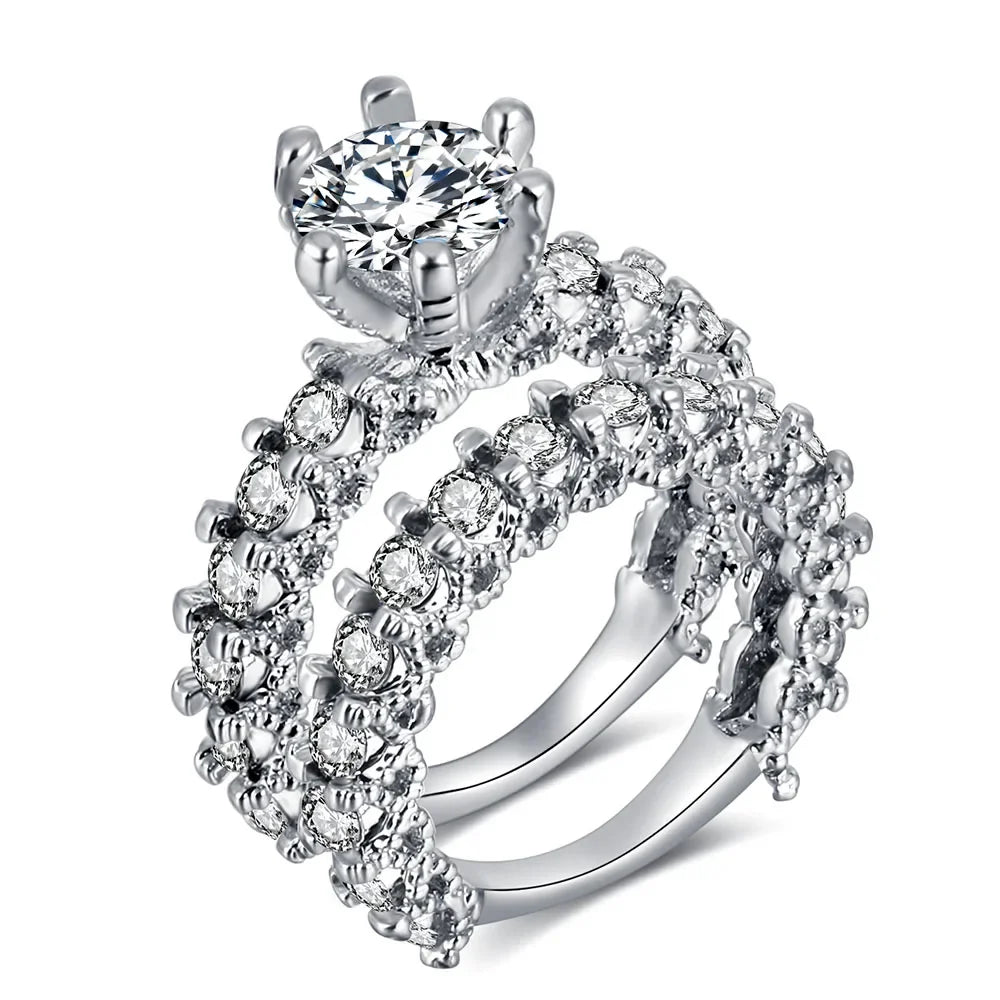 Elegant Zircon Ring Jewelry Silver Color Engagement Wedding Ring Set for Women 2019 Fashion Zircon Crystal Jewelry Gift