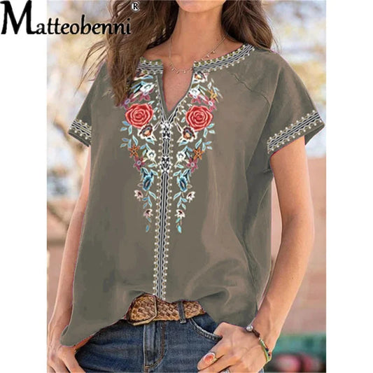 Summer Women Urban Leisure V Neck Print Short Sleeve T-Shirt Ladies Ethnic Style Casual Loose Boho Retro Harajuku Oversized Tops - She Vibess By C2P