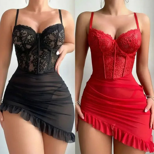 Transparent Underwire Bra Erotic Set Sexy Fairy Lingerie Women's See Through Lace Nightdress Pajamas Sets Delicate Sexy Nighty-I’m Over 21 - She Vibess By C2P
