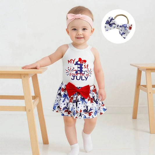 Independence Day Toddler Girls Outfit Set with Sleeveless Tank Top Bow Skirt and Headband - Patriotic Baby Clothes for 4th of - She Vibess By C2P