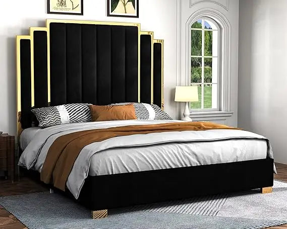 Albott King Size Platform Bed Frame, 65" Velvet Upholstered Bed with Gold Trim Headboard/Wooden Slats/No Box Spring Needed/Black - She Vibess By C2P
