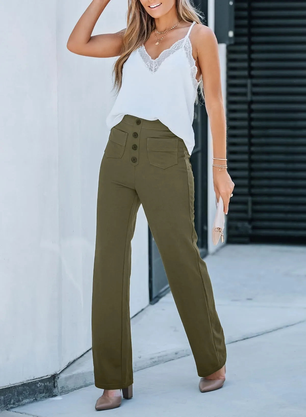 Fashion New Women's Trousers Casual Straight High Waist Button Elastic Daily Office Ladies Multi-Pocket Basic Sweatpants