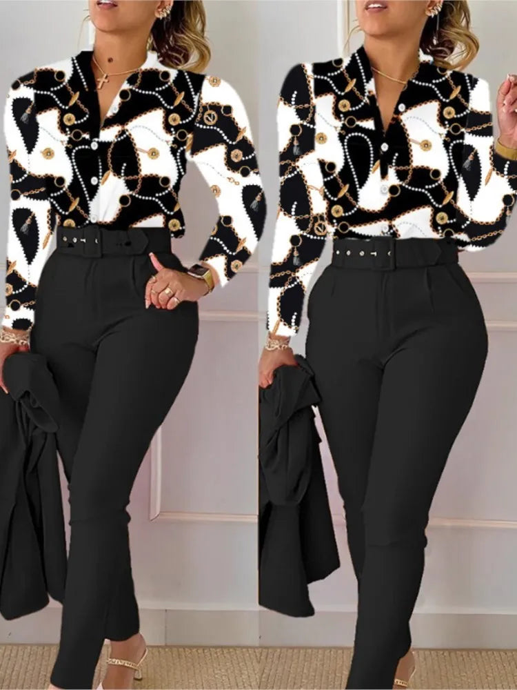 Autumn Winter Stand Neck Floral Print Long Sleeve Shirt Pants Two Piece Sets Elegant Women Casual Shirt Trousers Suits With Belt - She Vibess By C2P