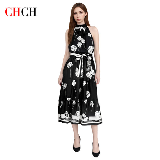 CHCH Women's Long Dress Summer New Black Printed Sexy Hanging Collar Dress Casual Party - She Vibess By C2P