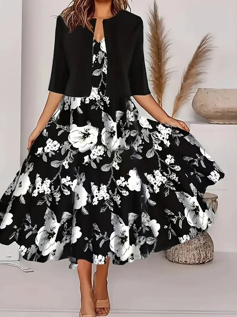 2024 Europe and the United States autumn new women's long dress two-piece set of floral print round neck dress coat women - She Vibess By C2P