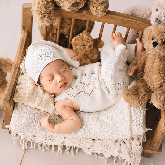 Baby Photography Knitted Clothing Cute Bear Dolls Baby Tassel Pillow Blanket Photo Props Newborn Photo Jumpsuit + Hat Costume - She Vibess By C2P