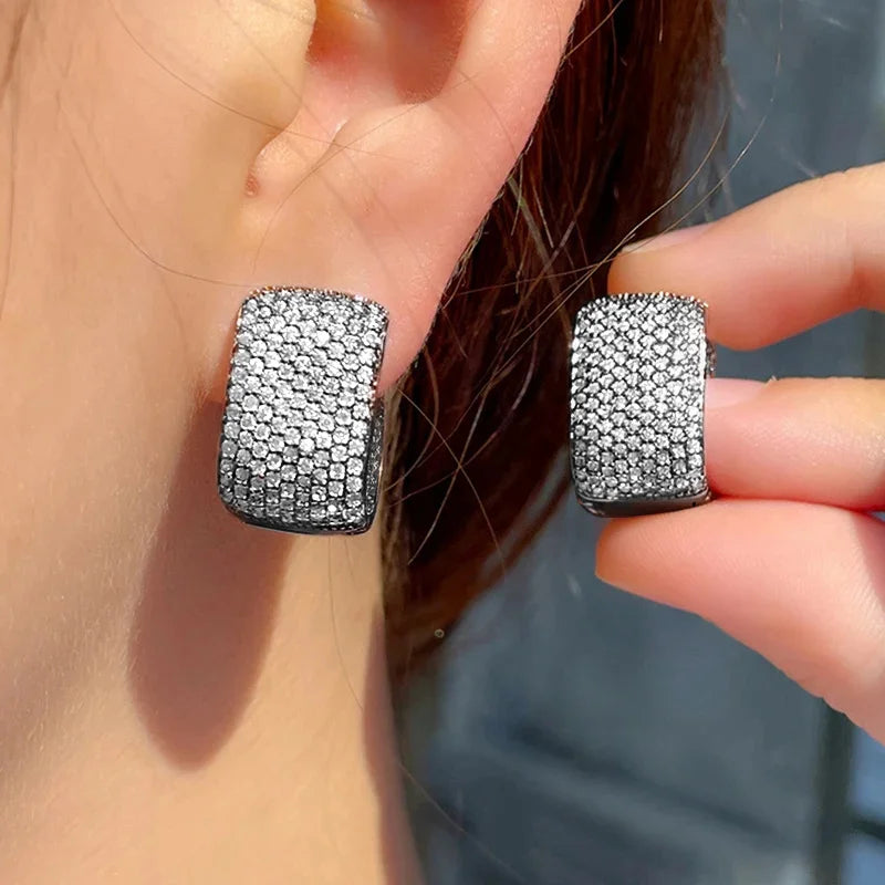 Huitan Full Cubic Zirconia Hoop Earrings for Women Bling Bling Temperament Female Ear Accessories Luxury Bridal Wedding Jewelry - She Vibess By C2P