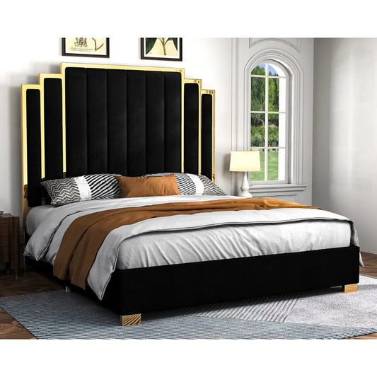 Albott King Size Platform Bed Frame, 65" Velvet Upholstered Bed with Gold Trim Headboard/Wooden Slats/No Box Spring Needed/Black - She Vibess By C2P