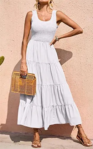Dresses For Women 2024 Summer Sexy Elegant Sleeveless Floral Solid Color Long Dress Fashion Elastic Waist Beach Party Big Swing - She Vibess By C2P
