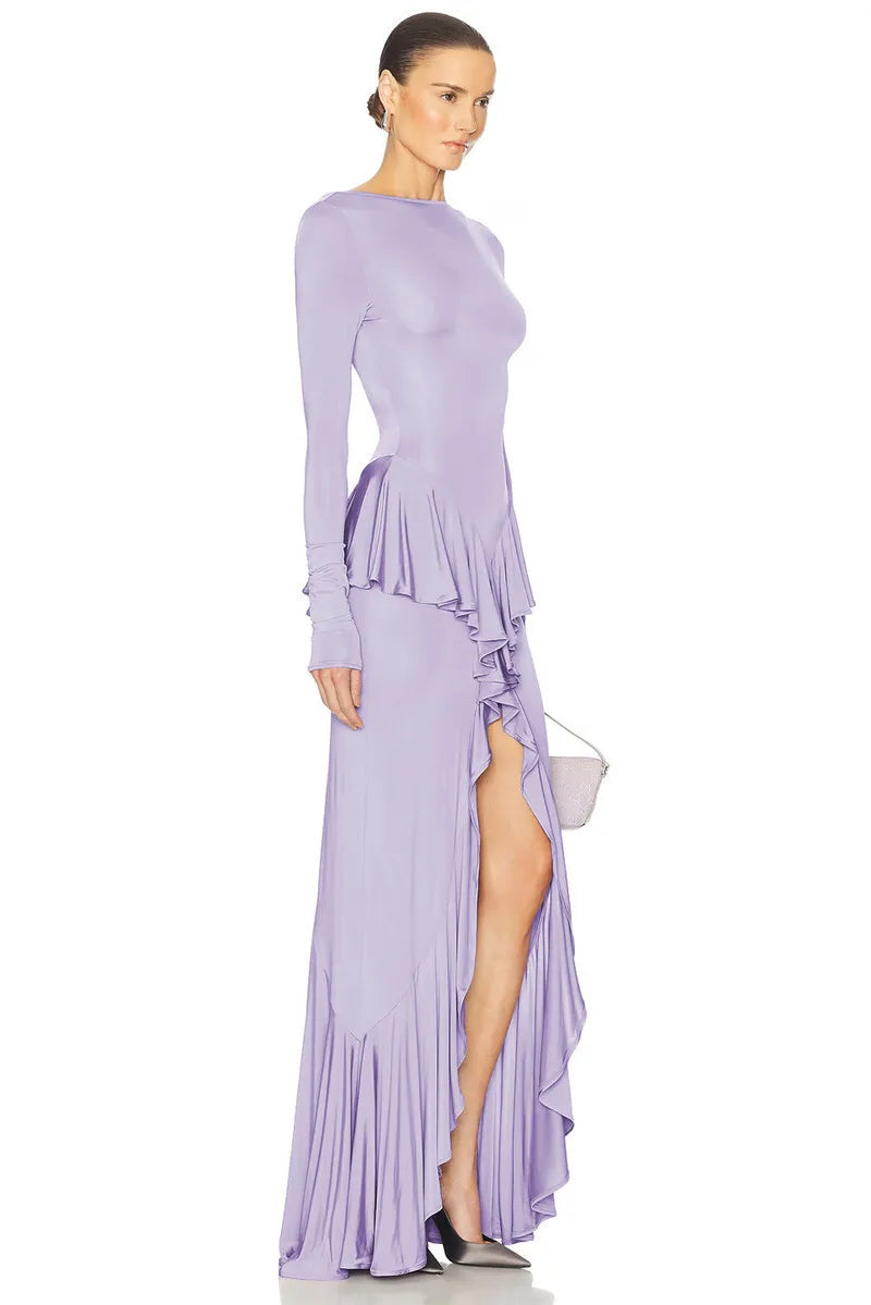 Mozision Backless Ruffled Sexy Maxi Dress For Women Gown Fashion O Neck Long Sleeve Thigh High Split Evening Long Dress Elegant - She Vibess By C2P
