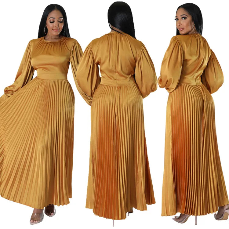 2024 Spring Pleated Loose Fit Maxi Dresses Women Solid Ruched Lantern Sleeve Party Evening Wedding Long Dress Women - She Vibess By C2P