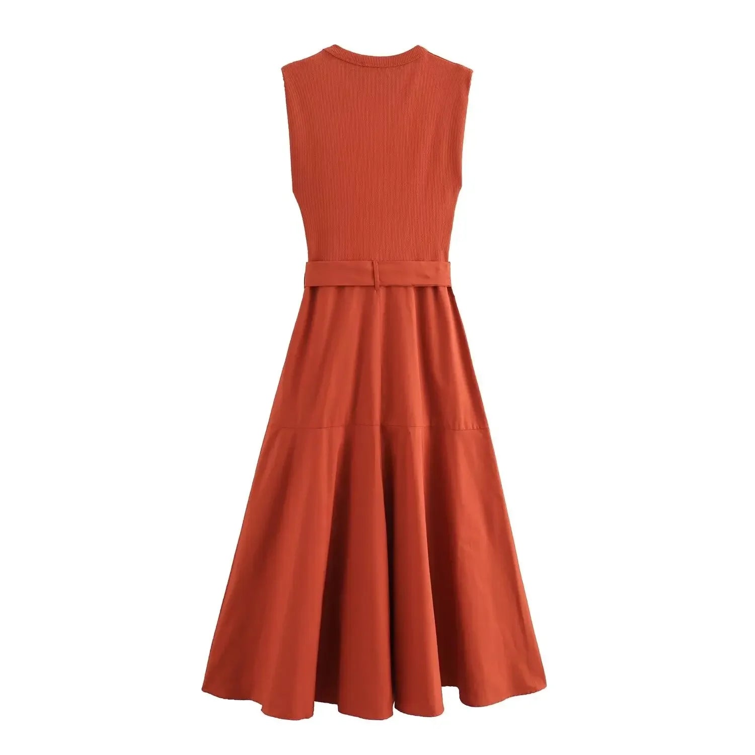BWQ New Women Solid Patchwork Dress With Belt Elegant Office Ladies Sleeveless O-neck Dress Vintage Causal A-line Long Dress - She Vibess By C2P