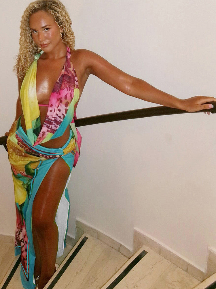 Weird Puss Colorful Leopard Women 2 Piece Set Y2K Beach Vacation Halter Tank Tops+Wrapped Maxi Skirts Matching Vacation Clubwear