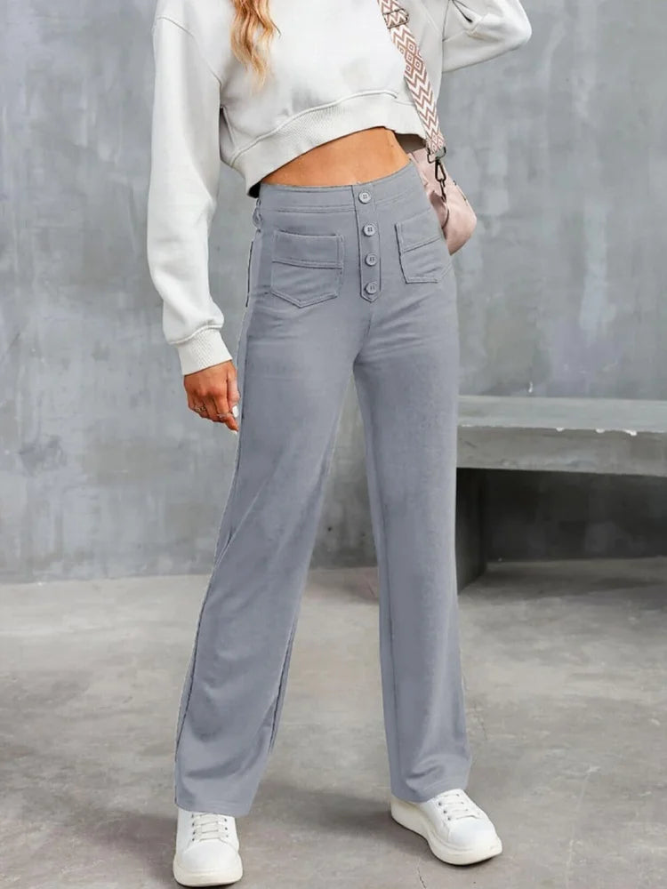 Fashion New Women's Trousers Casual Straight High Waist Button Elastic Daily Office Ladies Multi-Pocket Basic Sweatpants