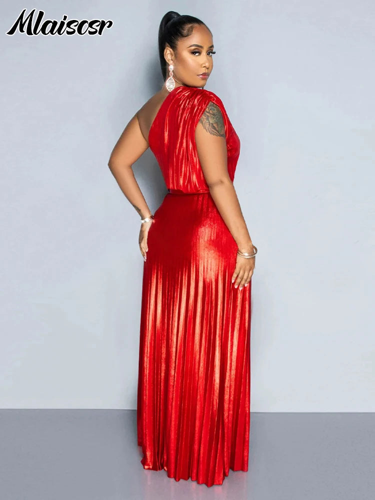 Mlaiscsr Metallic Golden One Shoulder Sleeveless Pleated A-Line Long Dress Elegant Women Luxury Birthday Evening Gowns Vestidos - She Vibess By C2P