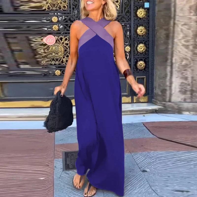 2025 New Summer Women's Halter Color Blocked Long Dress Casual Loose Beach Dress Fashion Off Shoulder Multi-color Holiday Dress