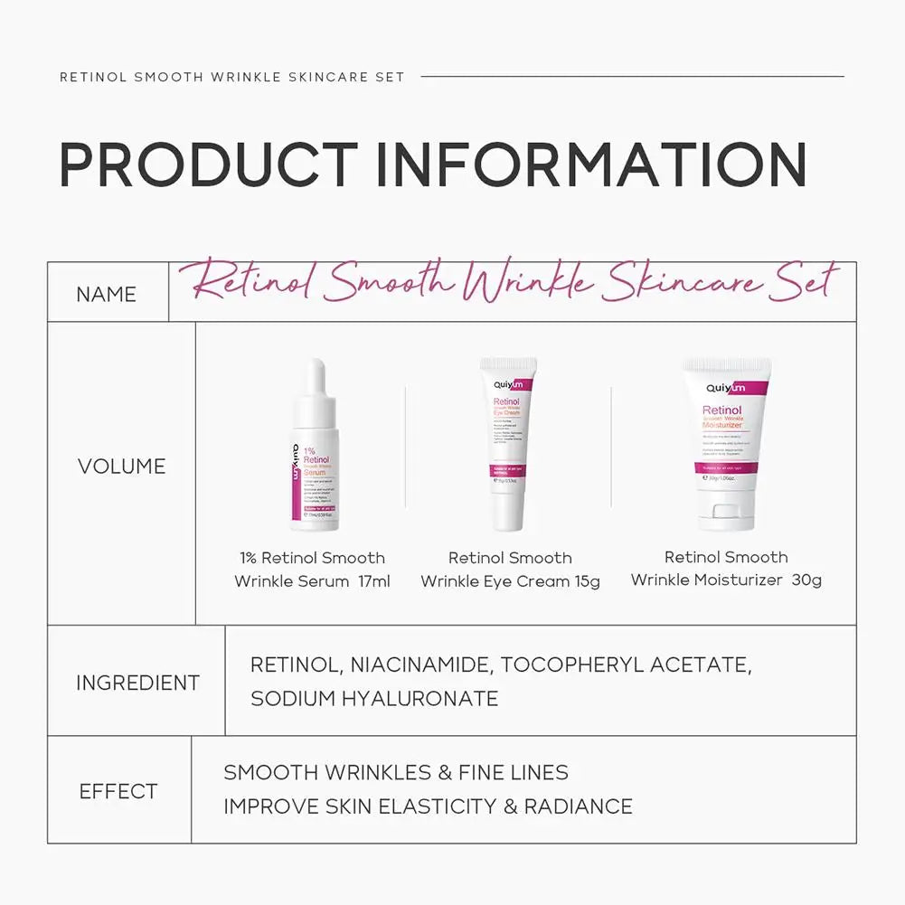 Retinol Smooth Wrinkle Skincare Set Moisturizing Firming Facial Skincare Routine Kit - Retinol Serum-Face Moisturizer-Eye Cream - She Vibess By C2P