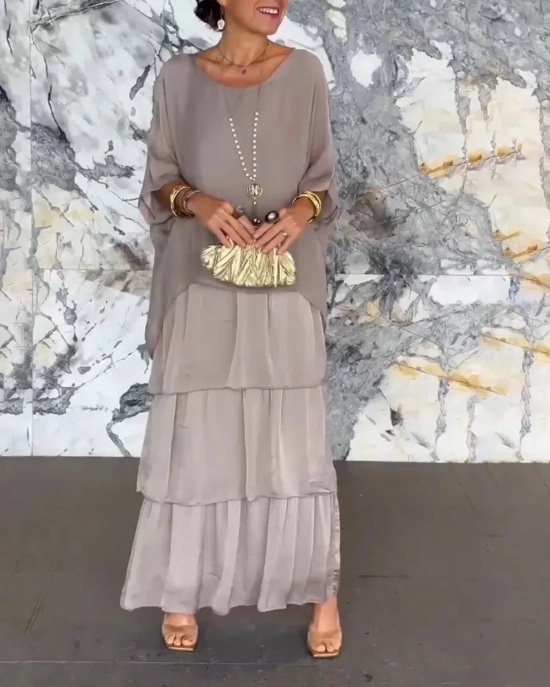 GraceFlow™ Elegant Layered Maxi Dress – Round Neck, Bat Sleeve, Plus Size Chic for Spring & Summer - She Vibess By C2P