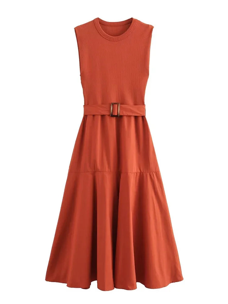 BWQ New Women Solid Patchwork Dress With Belt Elegant Office Ladies Sleeveless O-neck Dress Vintage Causal A-line Long Dress - She Vibess By C2P