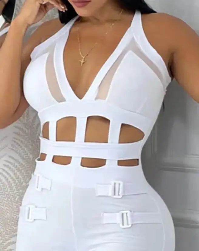 Women's jumpsuit 2025 summer new sleeveless new fashionable hollow camisole buckle comparison mesh tight jumpsuit - She Vibess By C2P