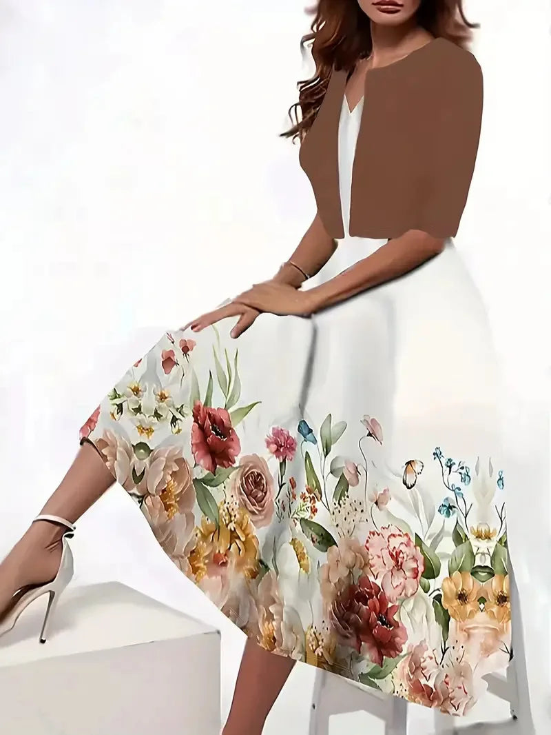 2024 Europe and the United States autumn new women's long dress two-piece set of floral print round neck dress coat women - She Vibess By C2P