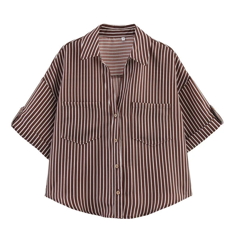 CM.YAYA 2025 Fall Autumn Women Half Sleeve Single Breasted Blouse and Shirt V-neck Pockets Street Casual Loose OL Tops Shirts