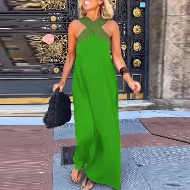 2025 New Summer Women's Halter Color Blocked Long Dress Casual Loose Beach Dress Fashion Off Shoulder Multi-color Holiday Dress