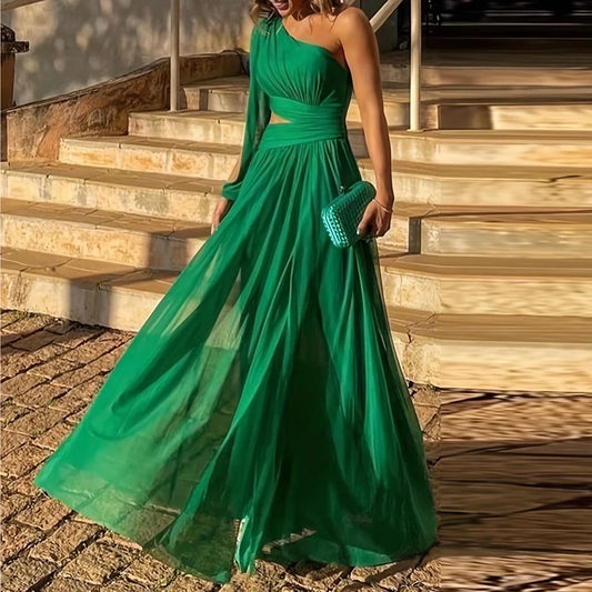 2025 Sexy Diagonal Neck High Waist Mesh Dress Fashion One Shoulder Sleeve Hollow Evening Dress Green Elegant Backless Long Dress - She Vibess By C2P