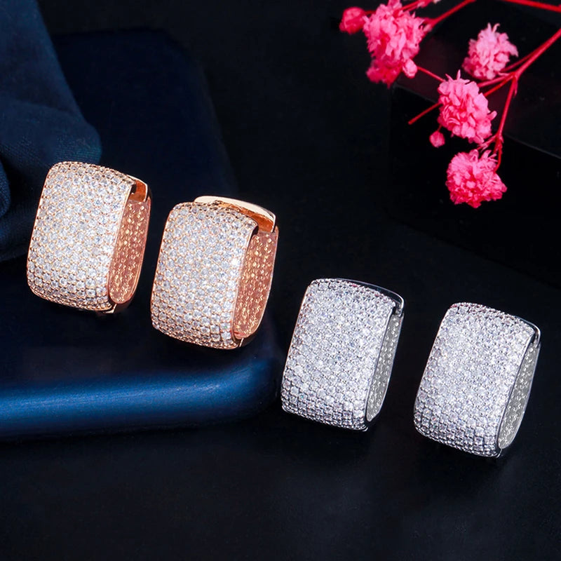 Huitan Full Cubic Zirconia Hoop Earrings for Women Bling Bling Temperament Female Ear Accessories Luxury Bridal Wedding Jewelry - She Vibess By C2P
