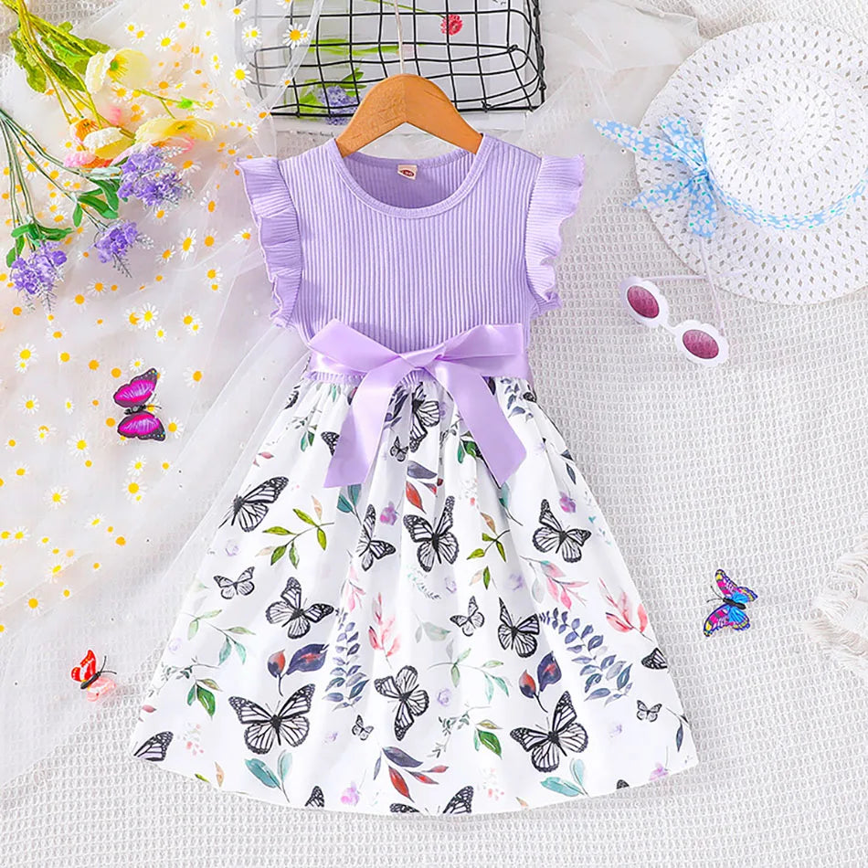 Cute and Comfortable Girls Summer Dress with Butterfly Print and Pitted Stripes Wear Special Occasions Girls Casual Dresses - She Vibess By C2P
