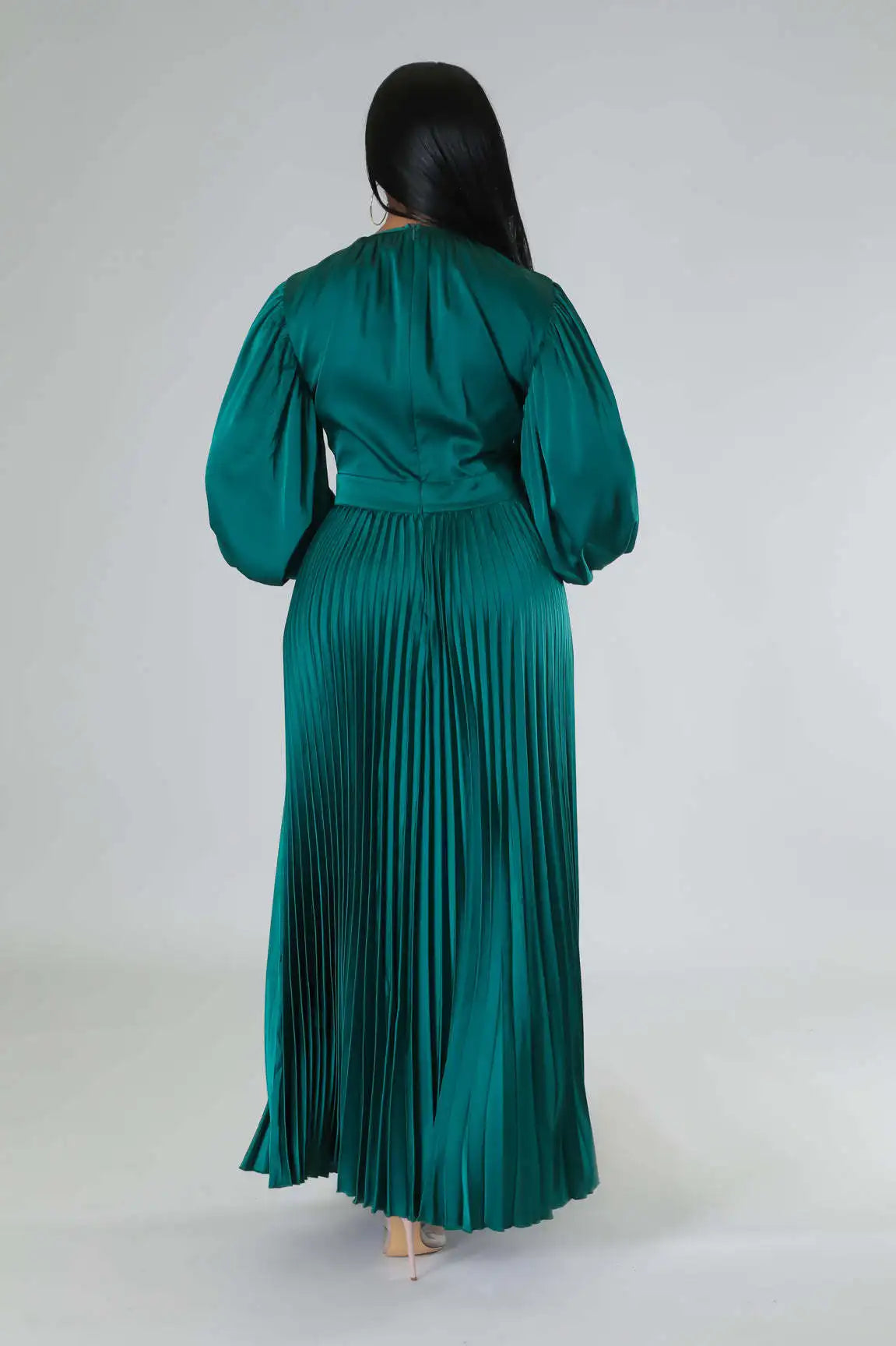 2024 Spring Pleated Loose Fit Maxi Dresses Women Solid Ruched Lantern Sleeve Party Evening Wedding Long Dress Women - She Vibess By C2P