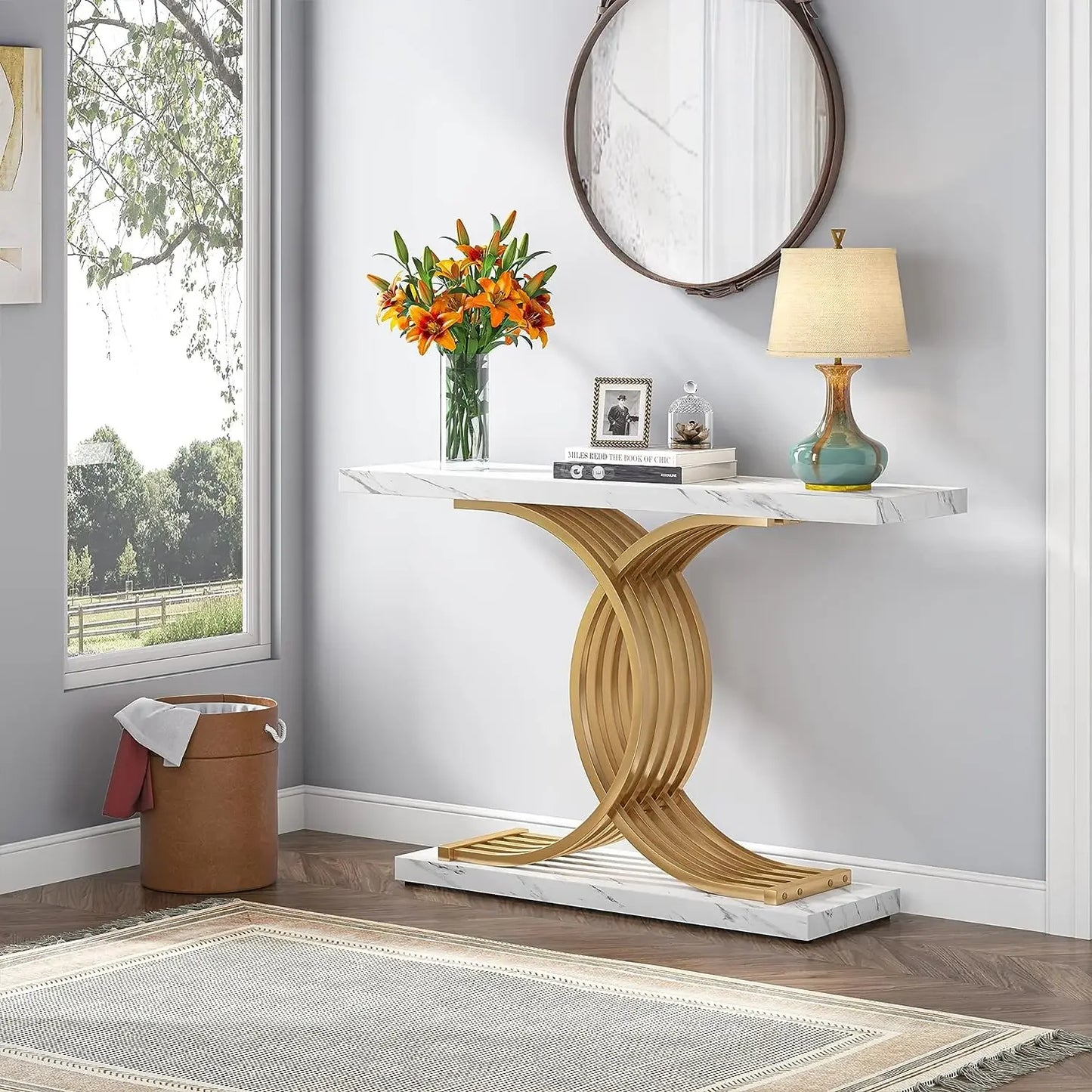 Tribesigns Gold Entryway Table, Modern 39-Inch Console Faux Marble Narrow Wood Sofa with Geometric Metal Legs - She Vibess By C2P