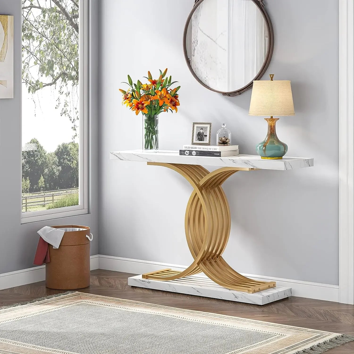 Tribesigns Gold Entryway Table, Modern 39-Inch Console Faux Marble Narrow Wood Sofa with Geometric Metal Legs - She Vibess By C2P
