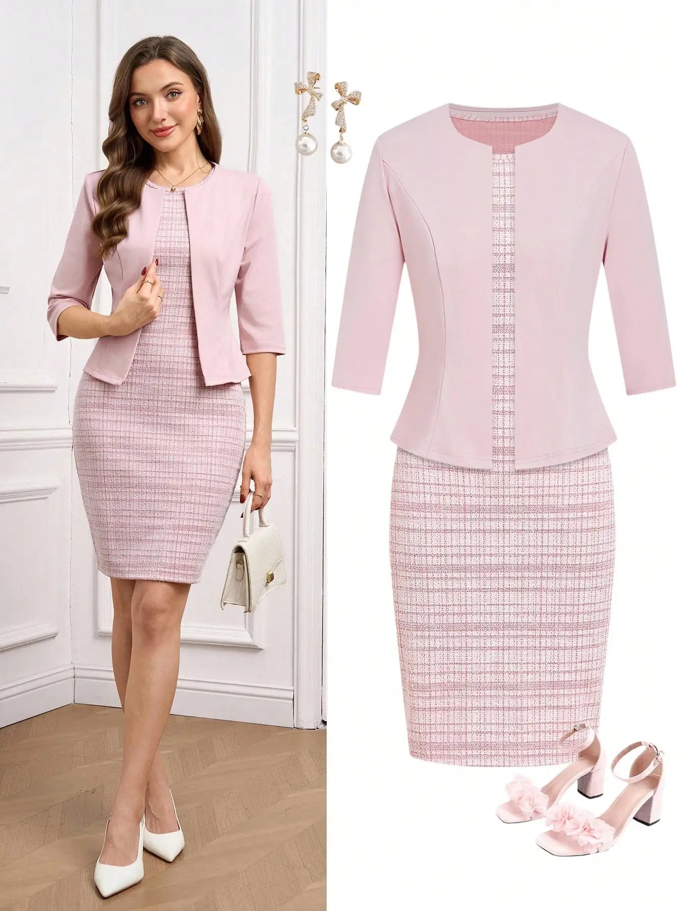 2-Piece Women's Floral Print Bodycon Dress with Pink 3/4 Sleeve Cardigan Set